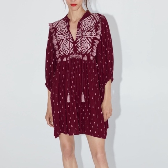 Zara Embroidered Mini Dress Balloon Sleeve V-Neck High Collar Red White Tassel - Picture 1 of 8